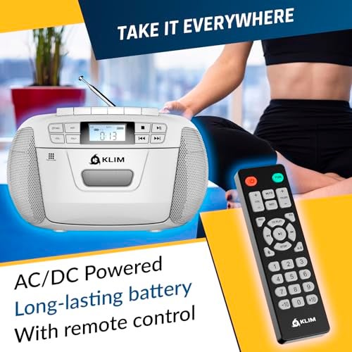 KLIM CD Player & Cassette Tape Player, Bluetooth Boombox, AM/FM Radio, Stereo Sound, Remote, CD and Cassette Combo, Tape Recording, USB Drive, AUX, AC/DC Powered - White - Image 5