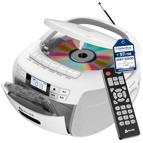 KLIM CD Player & Cassette Tape Player, Bluetooth Boombox, AM/FM Radio, Stereo Sound, Remote, CD and Cassette Combo, Tape Recording, USB Drive, AUX, AC/DC Powered - White - Image 1