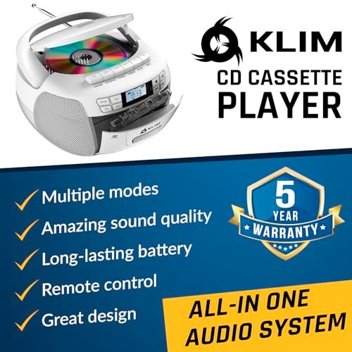 KLIM CD Player & Cassette Tape Player, Bluetooth Boombox, AM/FM Radio, Stereo Sound, Remote, CD and Cassette Combo, Tape Recording, USB Drive, AUX, AC/DC Powered - White - Image 2