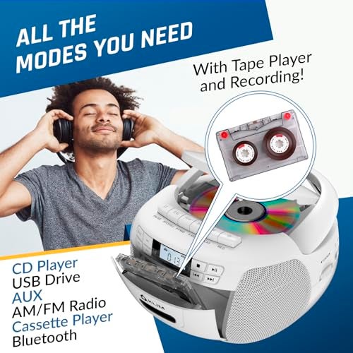 KLIM CD Player & Cassette Tape Player, Bluetooth Boombox, AM/FM Radio, Stereo Sound, Remote, CD and Cassette Combo, Tape Recording, USB Drive, AUX, AC/DC Powered - White - Image 3