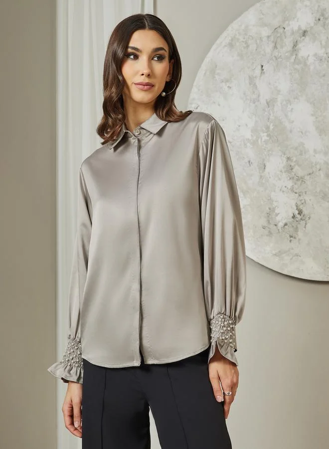 Styli Embellished Cuffed Sleeves Relaxed Fit Satin Shirt