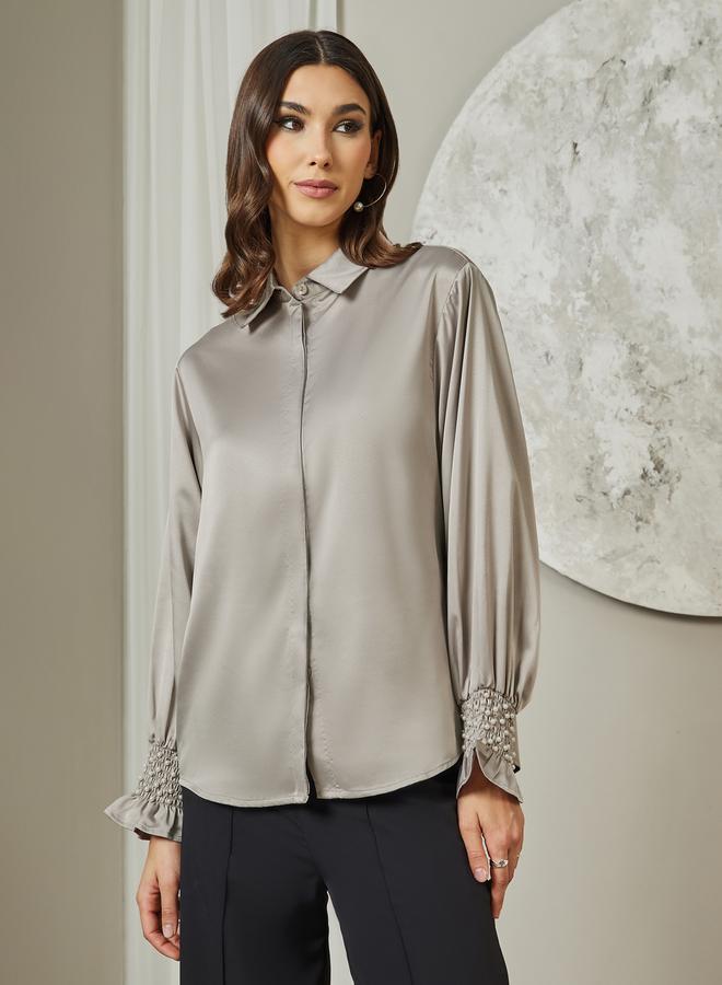 Styli Embellished Cuffed Sleeves Relaxed Fit Satin Shirt  - Image 3