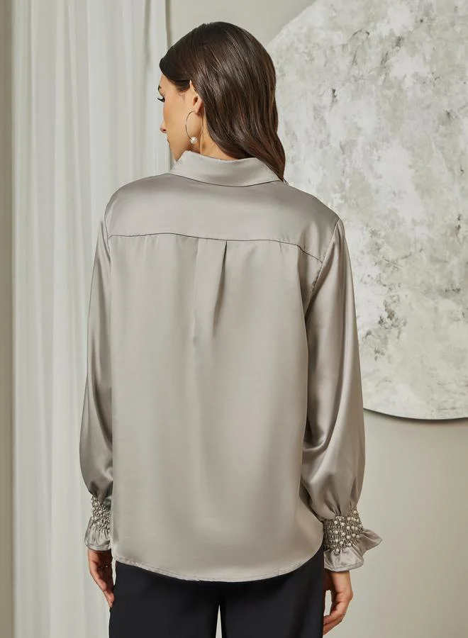 Styli Embellished Cuffed Sleeves Relaxed Fit Satin Shirt