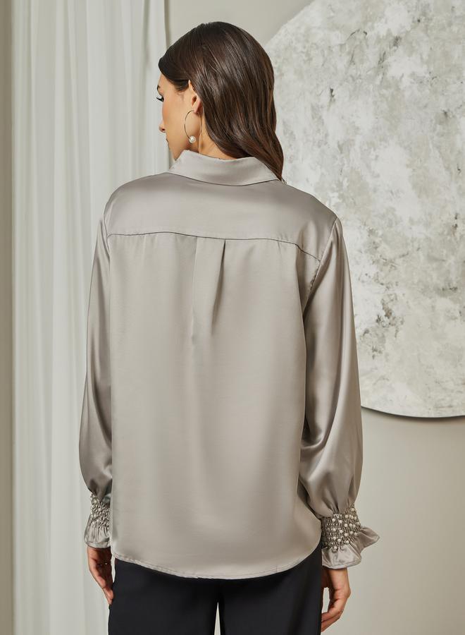 Styli Embellished Cuffed Sleeves Relaxed Fit Satin Shirt  - Image 4