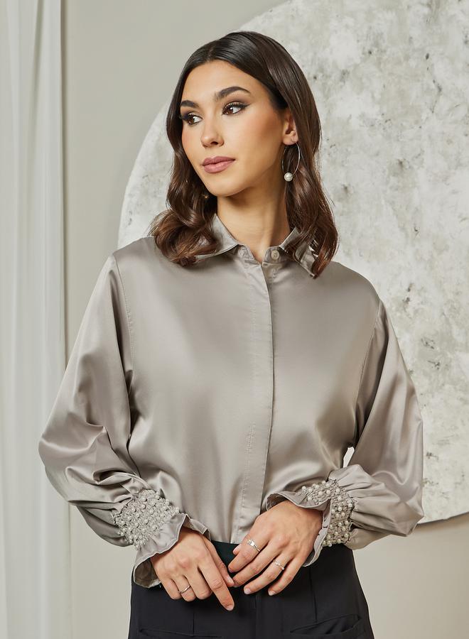 Styli Embellished Cuffed Sleeves Relaxed Fit Satin Shirt  - Image 1