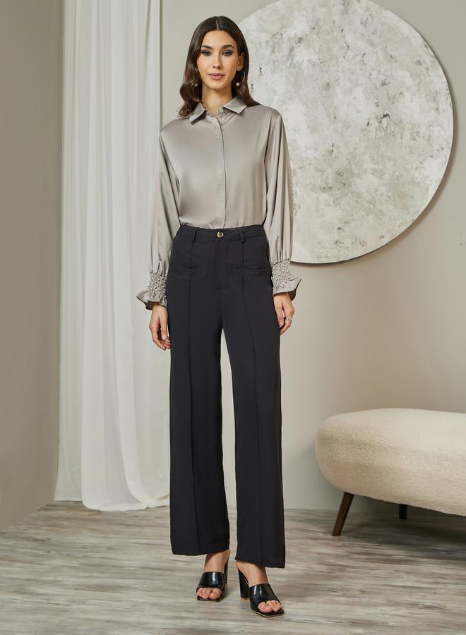 Styli Embellished Cuffed Sleeves Relaxed Fit Satin Shirt  - Image 2