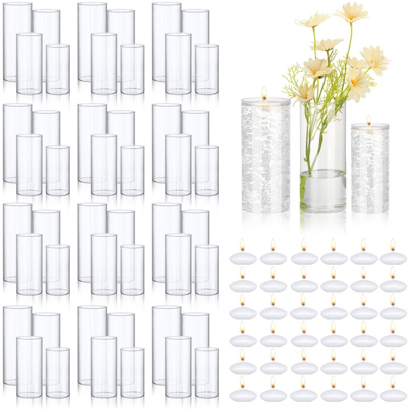 Mifoci 48 Pcs Floating Candles 24 Pcs Floating Candle Vases 24 Pcs Artificial Pearl String Filler Glass Cylinder Vases Clear Cylinder Candle Holder for Bridal Shower Wedding Table DecorWhite