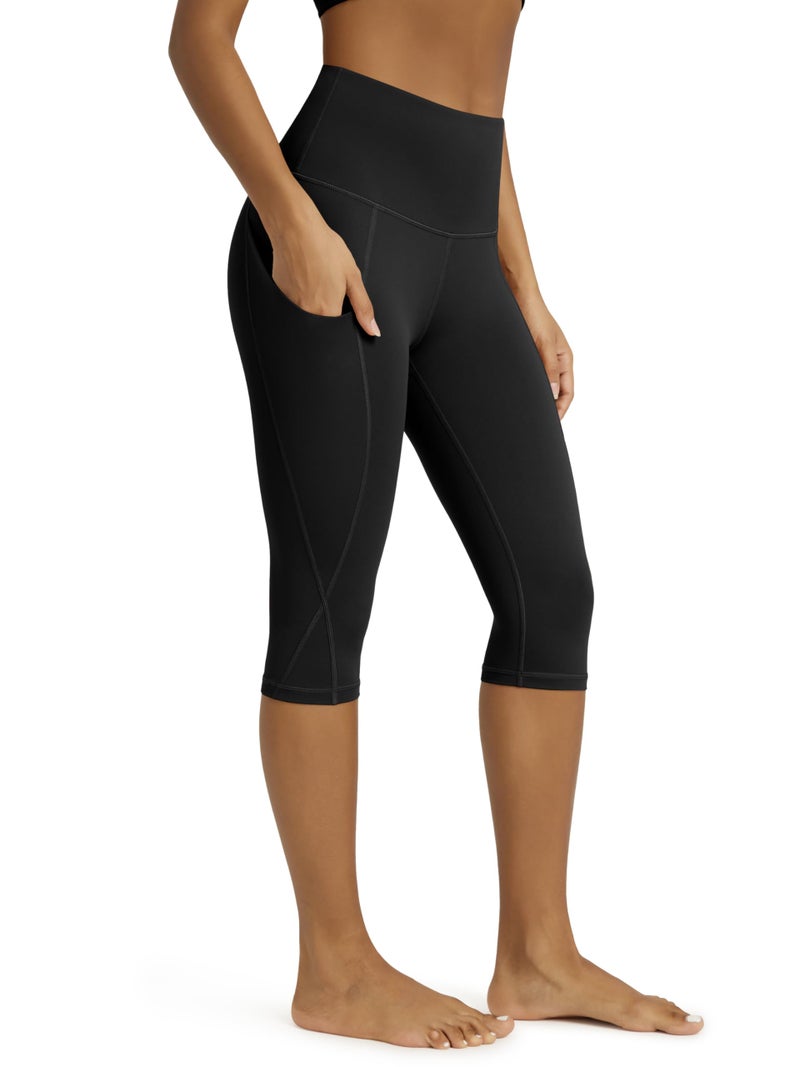 ODODOS Women's Knee Length High Waisted Yoga Capri Leggings with Pockets, Workout Running Sports Athletic Yoga Capris, Black, X-Large - Image 1