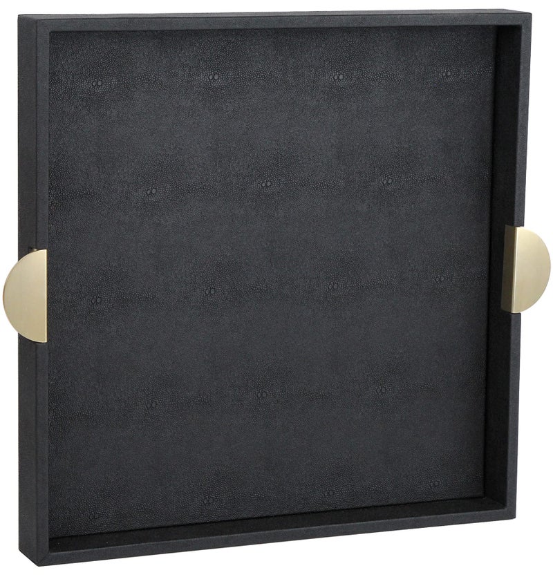 HofferRuffer Faux Leather Decorative Serving Tray Elegant Coffee Table Ottoman Tray Breakfast Drinks Liquor Serving Platter Black Shagreen Finish with Gold Hardware Handle Square