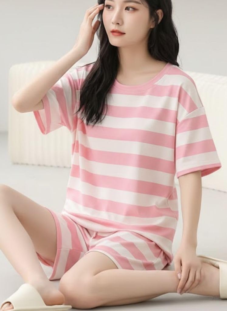 SMOWKLY Women Korean Shorts Pajama Set Cotton Blend Nightwear Set Top & Shorts Sleepwear Lounge Wear Soft Comfortable Night Suit Ladies Summer Night Dress Co-Ord Home Wear Set(1503_PNK_XS) Pink - Image 4