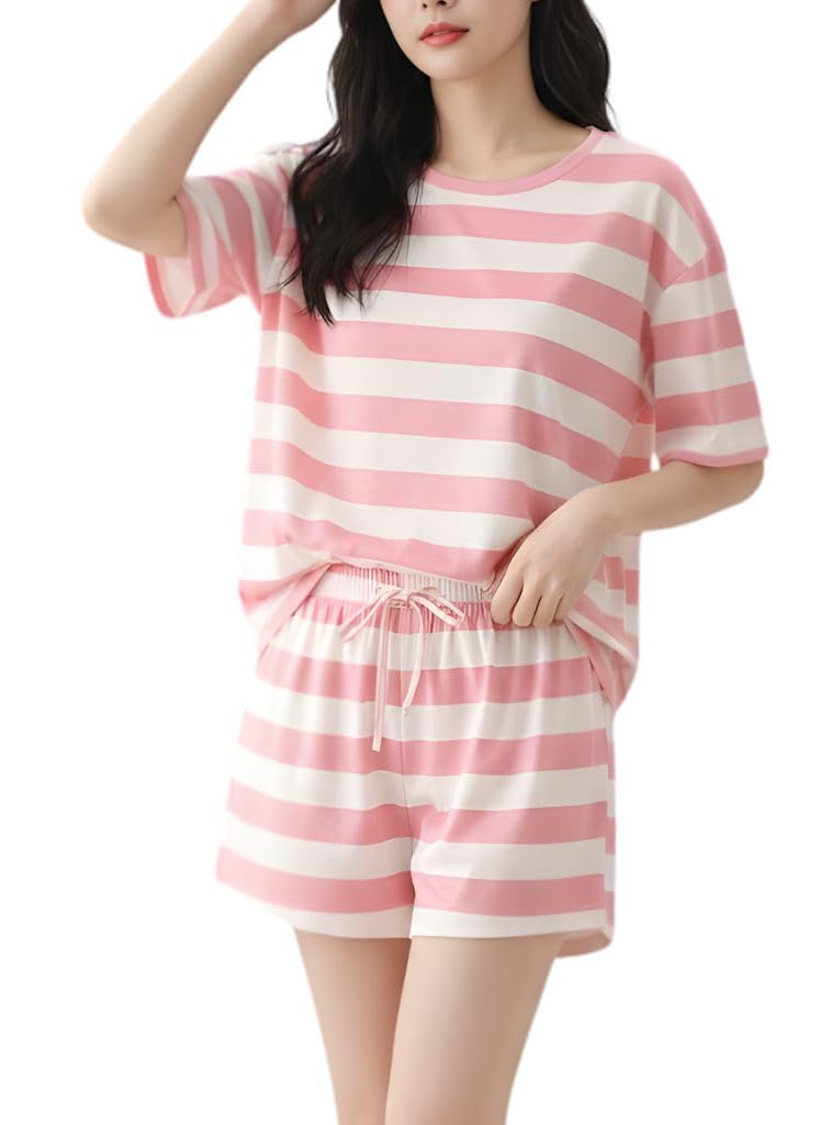 SMOWKLY Women Korean Shorts Pajama Set Cotton Blend Nightwear Set Top & Shorts Sleepwear Lounge Wear Soft Comfortable Night Suit Ladies Summer Night Dress Co-Ord Home Wear Set(1503_PNK_XS) Pink - Image 1
