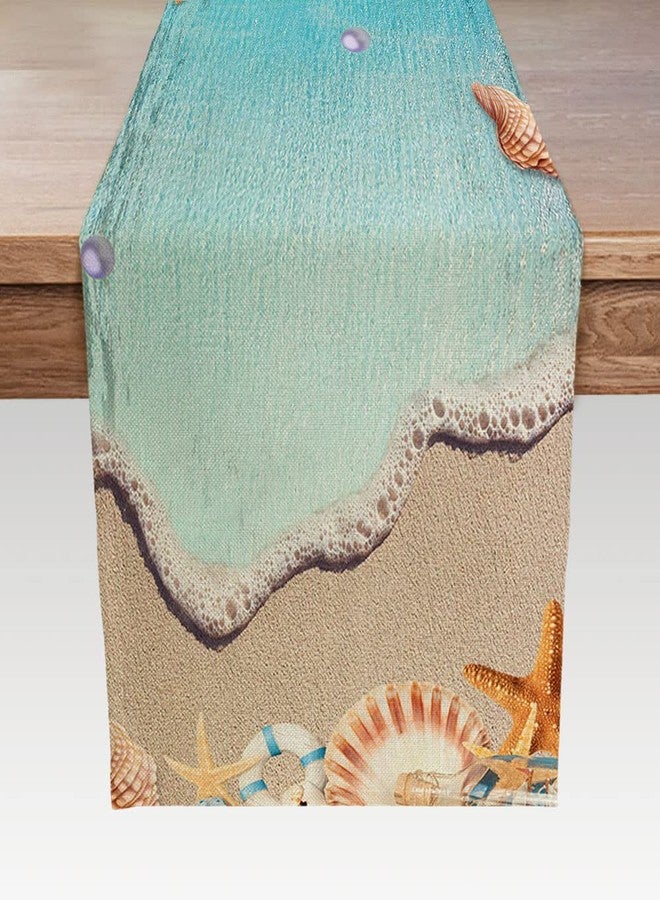 DeeCabin Summer Table Runners Tropical Ocean Beach Sea Starfish Shell and Seahorse Linen Table Runner for Family Dinner/Wedding/Outdoor Indoor Party Holiday Kitchen Dining Table Decoration 13 x 72 Inch - Image 1