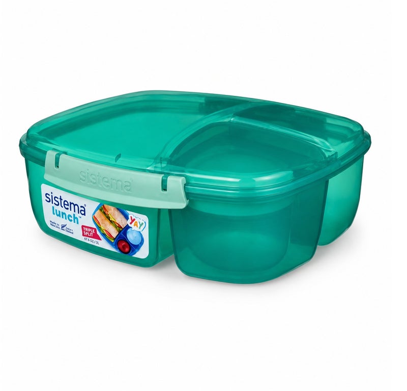 Sistema Triple Split Lunch Box with Yogurt Pot 2L Green, BPA Free Compartment Lunch Container for Meal Prep, Salad, Snacks & School or Office Lunch Storage, Made in New Zealand - Image 1