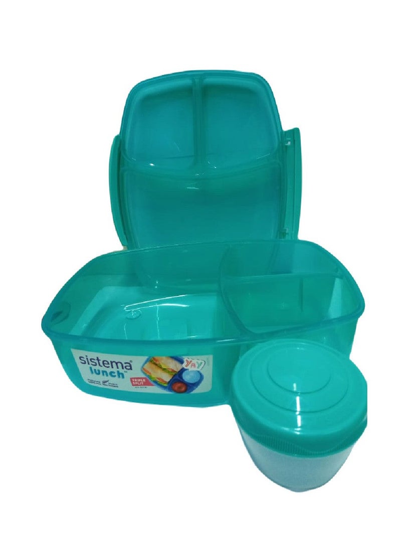 Sistema Triple Split Lunch Box with Yogurt Pot 2L Green, BPA Free Compartment Lunch Container for Meal Prep, Salad, Snacks & School or Office Lunch Storage, Made in New Zealand - Image 2