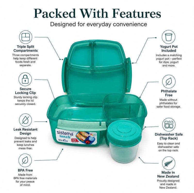 Sistema Triple Split Lunch Box with Yogurt Pot 2L Green, BPA Free Compartment Lunch Container for Meal Prep, Salad, Snacks & School or Office Lunch Storage, Made in New Zealand - Image 3