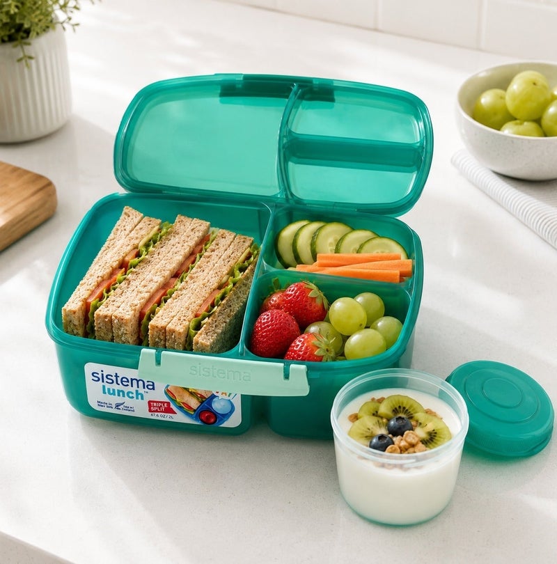 Sistema Triple Split Lunch Box with Yogurt Pot 2L Green, BPA Free Compartment Lunch Container for Meal Prep, Salad, Snacks & School or Office Lunch Storage, Made in New Zealand - Image 4