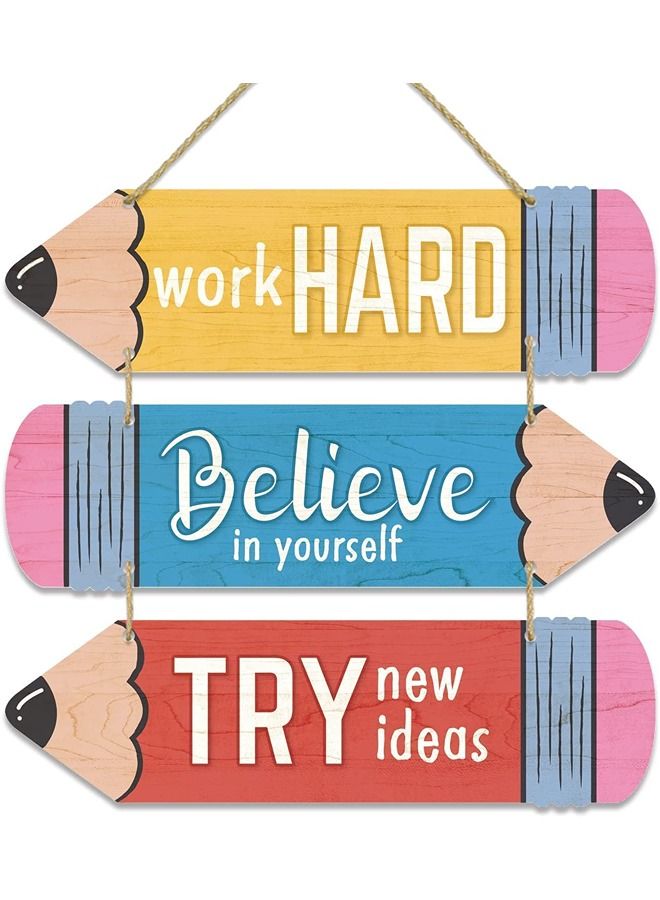 UP TO DATE Wooden Pencil-Shaped Wall Signs – Set of 3 Motivational Wooden Wall Décor with Positive Quotes for Classroom & School - Image 1