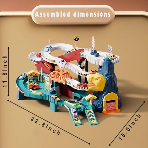 Juqic Toy Car Ramp Track Dinosaur Climbing Hills Railcar Colorful Vehicles Construction Play Set with 12 Mini Racer Cars and Track for Preschool Gifts Kids Ages 3 Years and Older (Dinosaur Hill) - Image 2