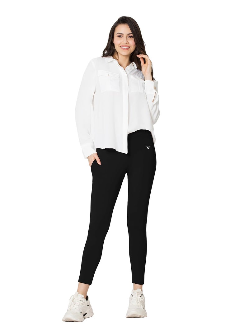VSTAR PL02 Women Ankle Length Stretchable Slim Fit Leggings with Secured Side Pocket | Moisture-Wicking | Soft Waistband & Cotton-Elastane Fabric | L | Black - Image 1