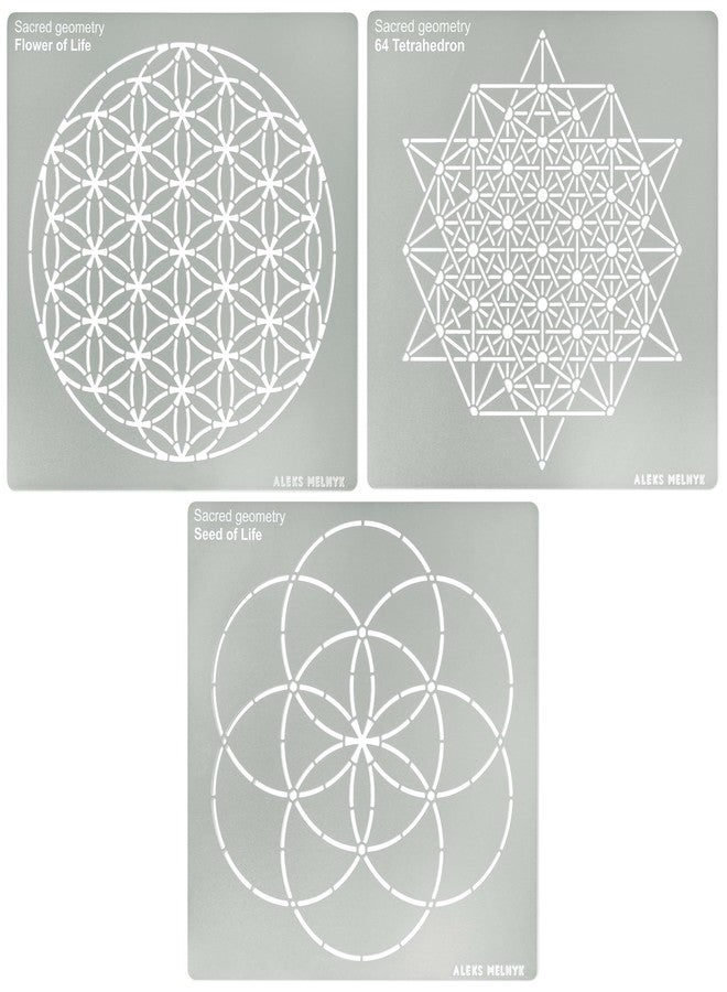 Aleks Melnyk No.488 Metal Stencils, Sacred Geometry Figures, Flower of Life Version, 64 Tetrahedron, Seed of Life, 3 PCS, Template for Wood Burning, Engraving - Image 1