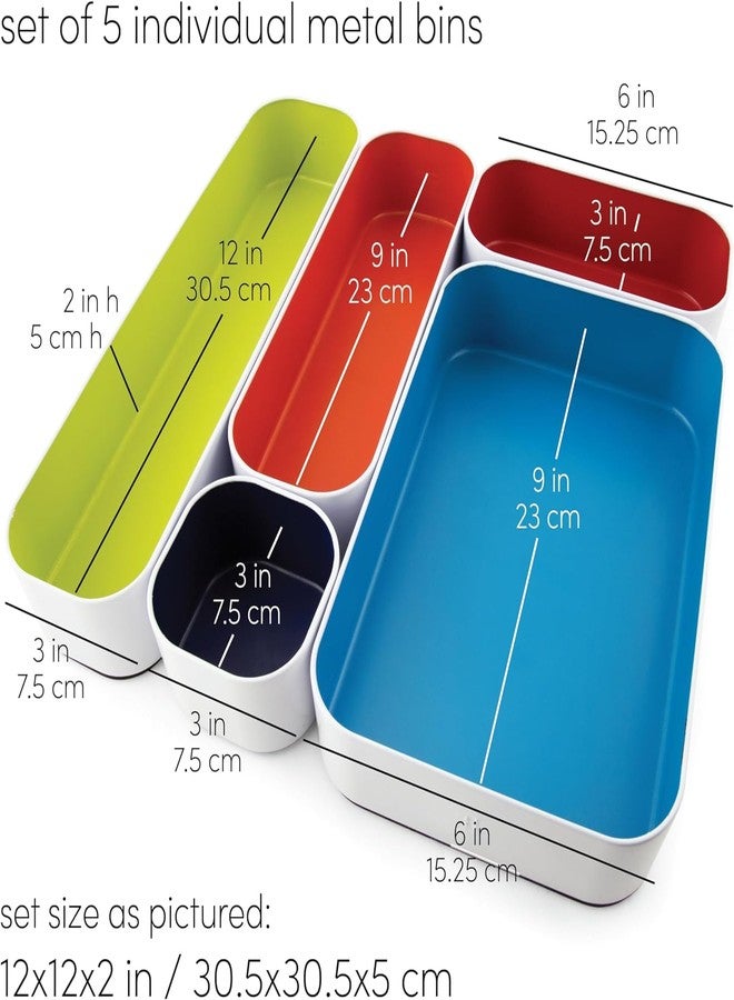 Three by Three Seattle 5 Piece Metal Organizer Tray Set for Storing Makeup, Stationery, Utensils, and More in Office Desk, Kitchen and Bathroom Drawers (2 Inch, Assorted Colors) - Image 2