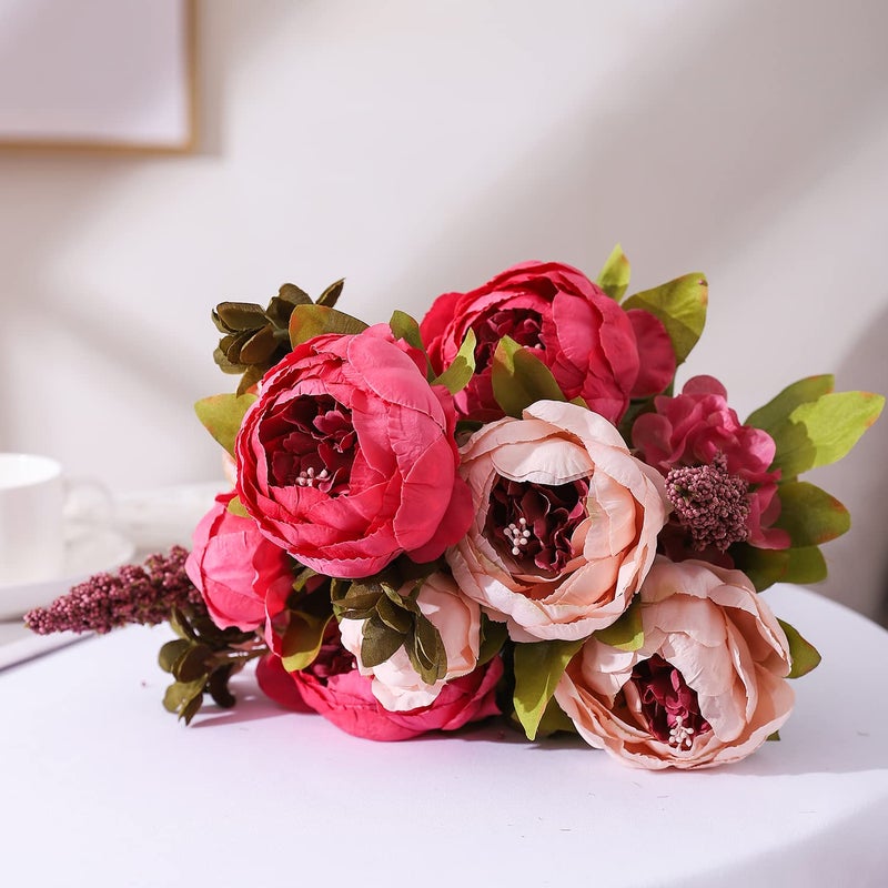Duovlo Fake Flowers Vintage Artificial Peony Silk Flowers Wedding Home Decoration,Pack of 1 (Dark Pink) - Image 4