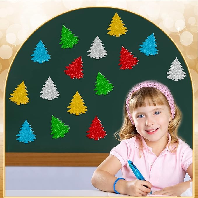 TrifleArte Christmas Tree Cutouts 100 Glitter Xmas Tree Shapes Winter Cutouts with Glue Points Classroom Wall Decor Party Decoration - Image 3