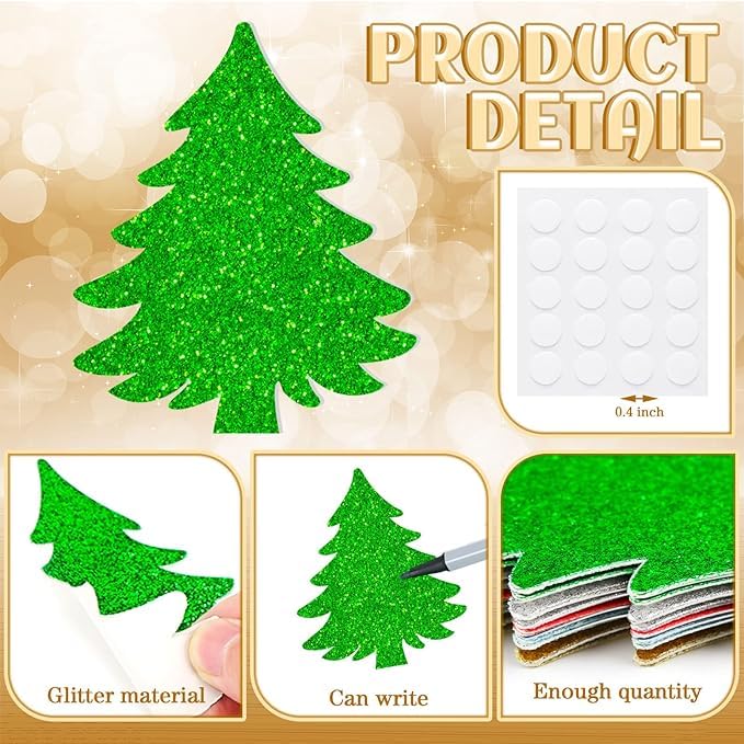 TrifleArte Christmas Tree Cutouts 100 Glitter Xmas Tree Shapes Winter Cutouts with Glue Points Classroom Wall Decor Party Decoration - Image 2