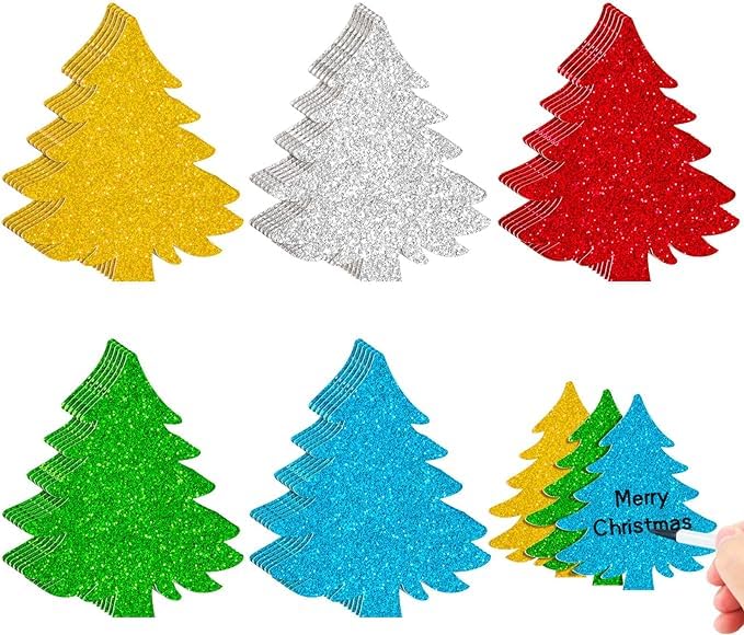 TrifleArte Christmas Tree Cutouts 100 Glitter Xmas Tree Shapes Winter Cutouts with Glue Points Classroom Wall Decor Party Decoration - Image 1