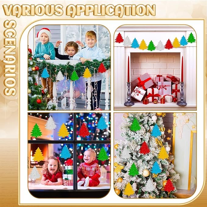 TrifleArte Christmas Tree Cutouts 100 Glitter Xmas Tree Shapes Winter Cutouts with Glue Points Classroom Wall Decor Party Decoration - Image 4