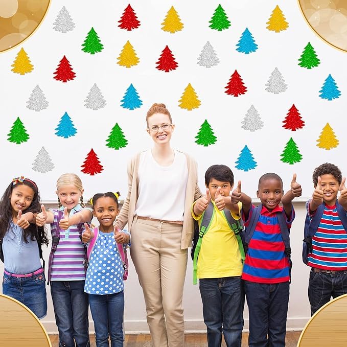 TrifleArte Christmas Tree Cutouts 100 Glitter Xmas Tree Shapes Winter Cutouts with Glue Points Classroom Wall Decor Party Decoration - Image 5