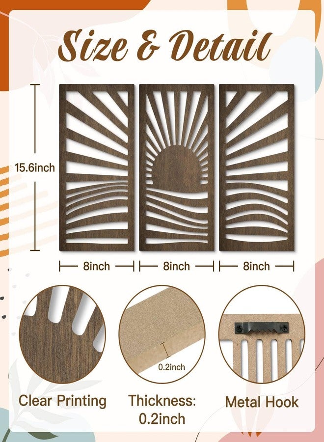 Putuo Decor Wooden Mid-Century Modern Wall Art Set of 3, Sunrise Landscape Wall Decor Nature-Inspired Geometric Artwork for Living Room Bedroom Entryway Dark Brown Modern Wall Sculpture - Image 2