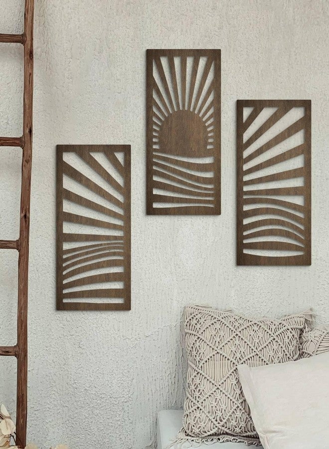 Putuo Decor Wooden Mid-Century Modern Wall Art Set of 3, Sunrise Landscape Wall Decor Nature-Inspired Geometric Artwork for Living Room Bedroom Entryway Dark Brown Modern Wall Sculpture - Image 5