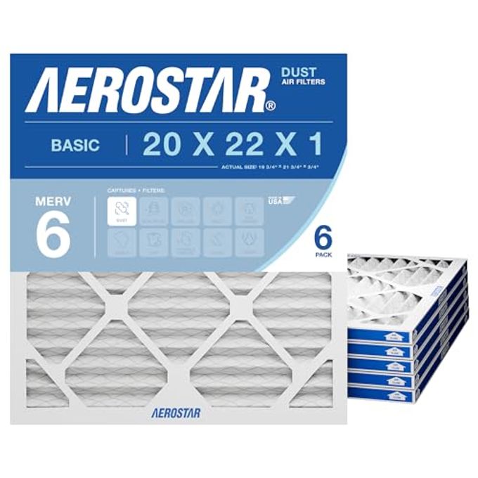 Aerostar 20x22x1 MERV 6 Air Filter, 6 Count, ACTUAL SIZE (19.75 x 21.75 x 0.75), HVAC, Air Conditioning & Furnace Filter for Dust, Lint & Pollen Control (MPR 300 / FPR 3), Made in USA - Image 1