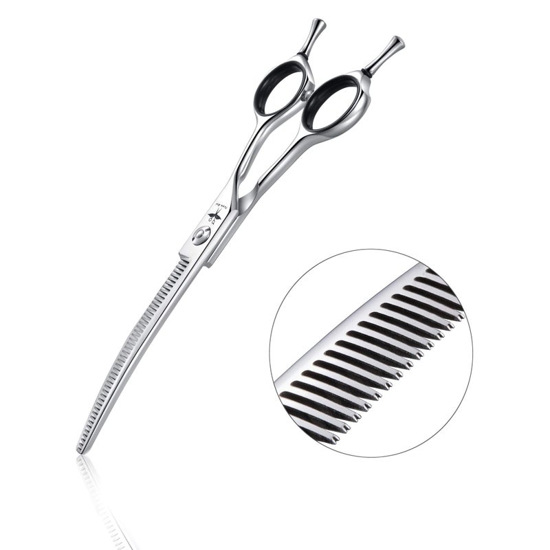 PURPLEBIRD 6.5 Inch Downward Curved Dog Grooming Scissors Pet Thinning Texturizing Shears Professional Safety Blunt Tip Trimming Shearing for Dogs Cats Face Paws Limbs Japanese Stainless Steel Silver - Image 1