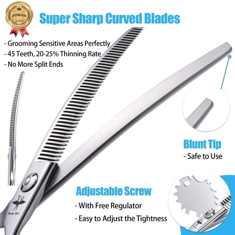 PURPLEBIRD 6.5 Inch Downward Curved Dog Grooming Scissors Pet Thinning Texturizing Shears Professional Safety Blunt Tip Trimming Shearing for Dogs Cats Face Paws Limbs Japanese Stainless Steel Silver - Image 2