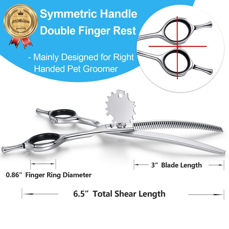 PURPLEBIRD 6.5 Inch Downward Curved Dog Grooming Scissors Pet Thinning Texturizing Shears Professional Safety Blunt Tip Trimming Shearing for Dogs Cats Face Paws Limbs Japanese Stainless Steel Silver - Image 3