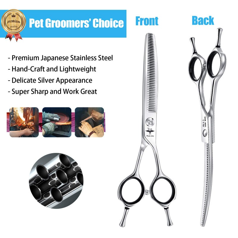 PURPLEBIRD 6.5 Inch Downward Curved Dog Grooming Scissors Pet Thinning Texturizing Shears Professional Safety Blunt Tip Trimming Shearing for Dogs Cats Face Paws Limbs Japanese Stainless Steel Silver - Image 4