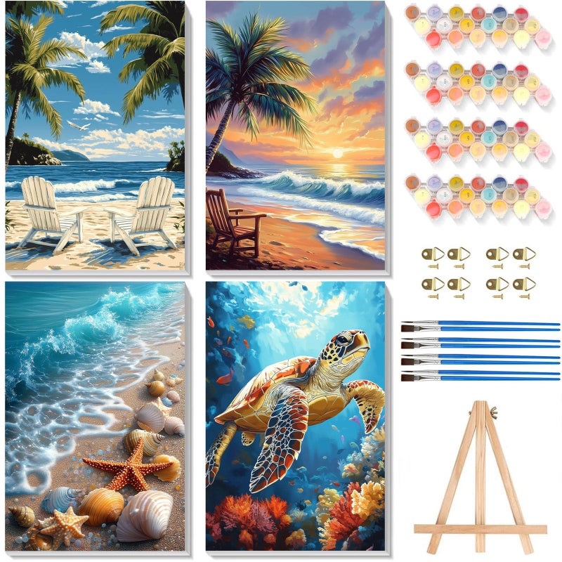 xackcme 4 Pack Paint by Numbers for Adults with Framed Canvas - with Wooden Easel, Beach Paint by Number on Canvas, DIY Sea Turtle Acrylic Oil Painting Kits with Brushes for Home Wall Decor (8x12 inch) - Image 1