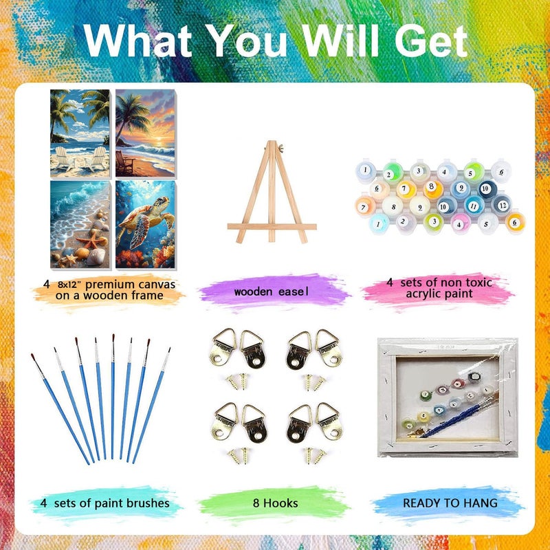 xackcme 4 Pack Paint by Numbers for Adults with Framed Canvas - with Wooden Easel, Beach Paint by Number on Canvas, DIY Sea Turtle Acrylic Oil Painting Kits with Brushes for Home Wall Decor (8x12 inch) - Image 4