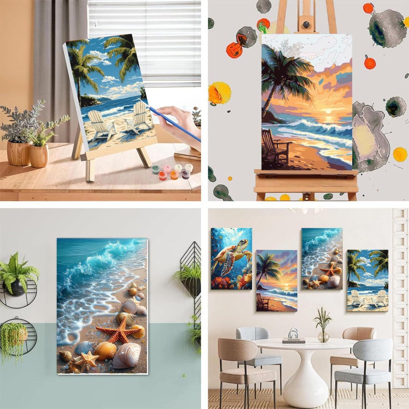 xackcme 4 Pack Paint by Numbers for Adults with Framed Canvas - with Wooden Easel, Beach Paint by Number on Canvas, DIY Sea Turtle Acrylic Oil Painting Kits with Brushes for Home Wall Decor (8x12 inch) - Image 5