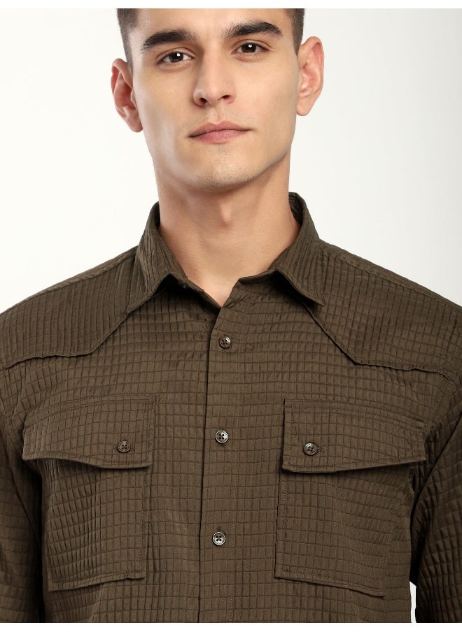 Beyoung Wood Brown Textured Western Shirt  - Image 1