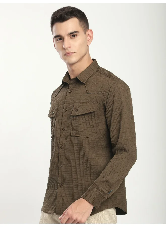 Beyoung Wood Brown Textured Western Shirt