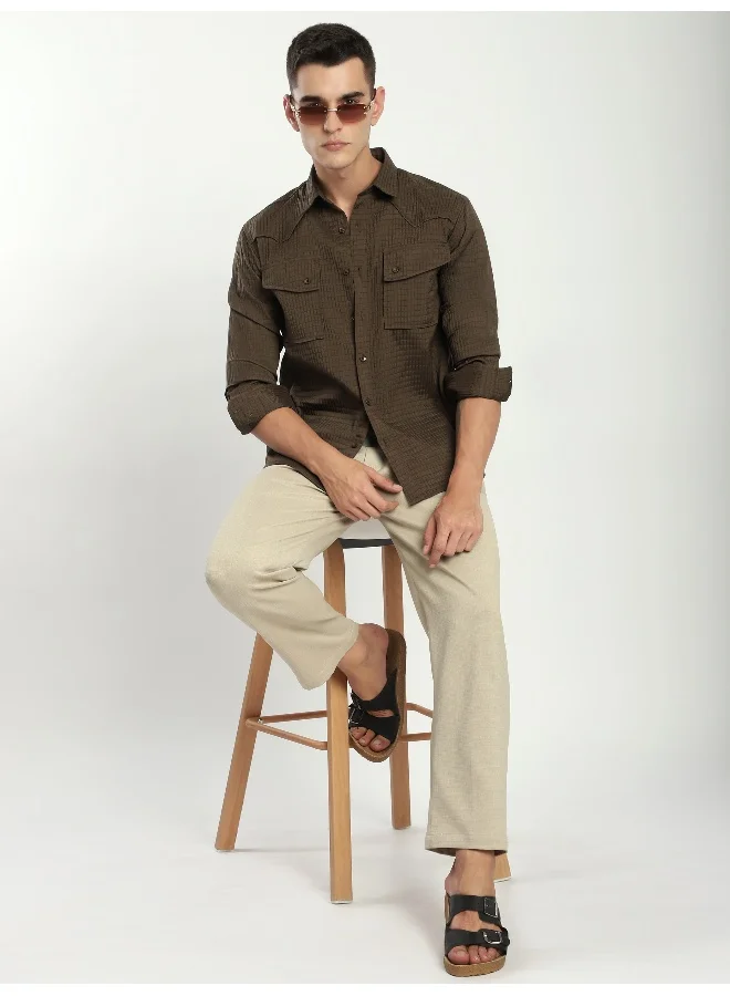 Beyoung Wood Brown Textured Western Shirt