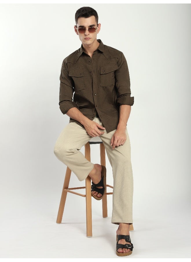 Beyoung Wood Brown Textured Western Shirt  - Image 4