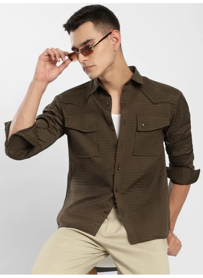 Beyoung Wood Brown Textured Western Shirt