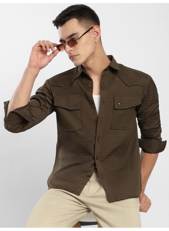Beyoung Wood Brown Textured Western Shirt  - Image 3