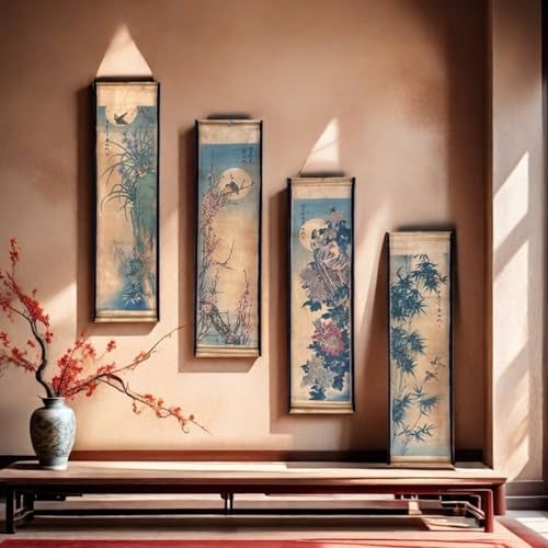 CIFIBIFUN Wall Scroll Hanging Painting Decor, Chinese Traditional Art Set of 4 Vintage Flower Paintings Ancient Painting Replica, Plum Orchid Bamboo Chrysanthemum - Image 2
