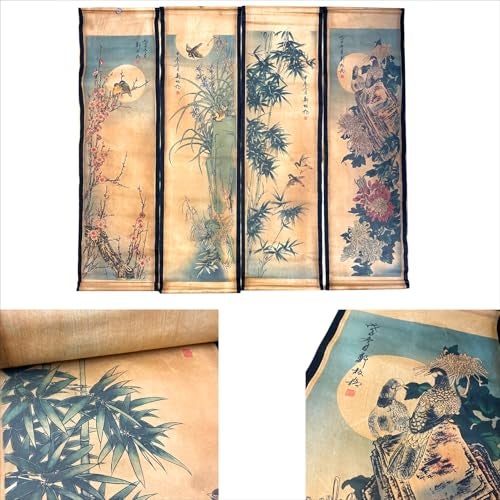 CIFIBIFUN Wall Scroll Hanging Painting Decor, Chinese Traditional Art Set of 4 Vintage Flower Paintings Ancient Painting Replica, Plum Orchid Bamboo Chrysanthemum - Image 1