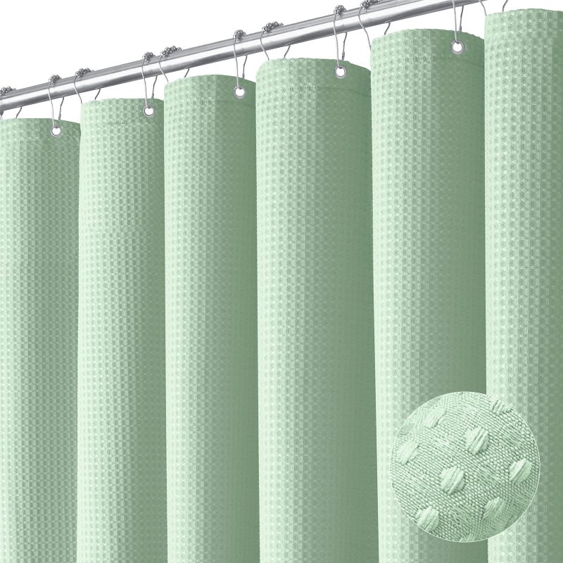 Dynamene Mint Green Fabric Shower Curtain - Waffle Weave Textured Heavy Duty Cloth Shower Curtains for Bathroom, 256GSM Hotel Luxury Weighted Bath Curtain Set with 12 Hooks,72x72, Mint Green - Image 1